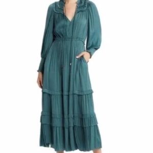 Flowy Moon River Ruffle Jade Green Crinkle Satin Tiered Maxi Dress M NWT